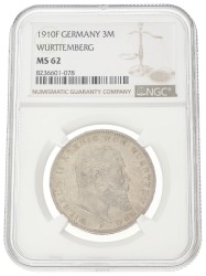 German states. Württemberg. Wilhelm II. 3 Mark. 1910 F. MS 62