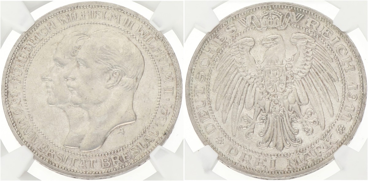 German states. Prussia. Wilhelm II. 3 Mark - Breslau university. 1911 A. MS 62