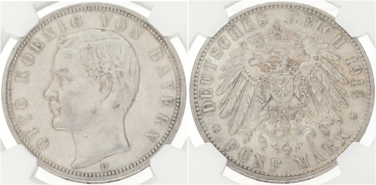 German states. Bavaria. Otto. 5 Mark. 1913 D. AU details.