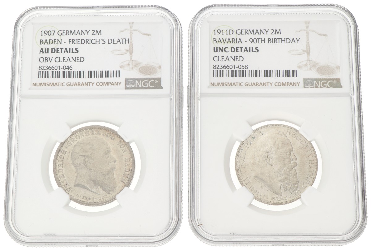 German states. Baden & Bavaria. Friedrich & Luitpold. Lot (2) 2 Mark. 1907 & 1911 D. AU & UNC details.