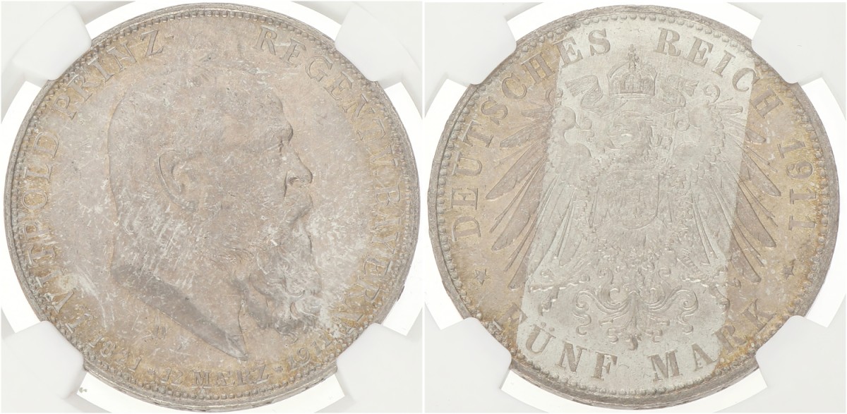 German states. Bavaria. Luitpold. 5 Mark - 90th birthday. 1911 D. MS 64