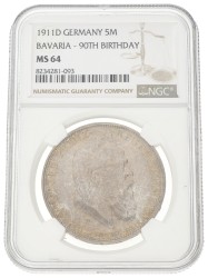 German states. Bavaria. Luitpold. 5 Mark - 90th birthday. 1911 D. MS 64