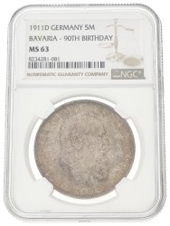 German states. Bavaria. Luitpold. 5 Mark - 90th birthday. 1911 D. MS 63
