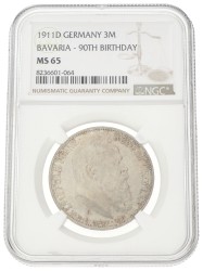 German states. Bavaria. Luitpold. 3 Mark - 90th birthday. 1911 D. MS 65