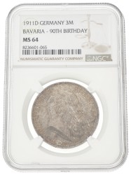German states. Bavaria. Luitpold. 3 Mark - 90th birthday. 1911 D. MS 64