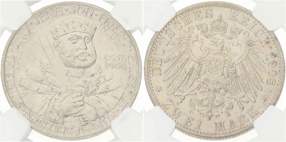 German states. Saxe-Weimar-Eisenach. 2 Mark - Jena university. 1908 A. UNC details.
