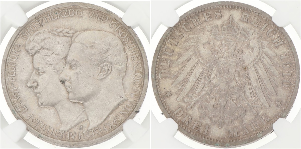 German states. Saxe-Weimar-Eisenach. Wilhelm Ernst. 3 Mark - Duke's Marriage. 1910 A. UNC details.