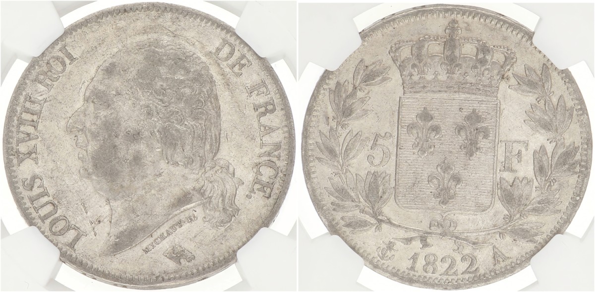 France. Second kingdom. Louis XVIII. 5 Francs. 1822 A. AU 55