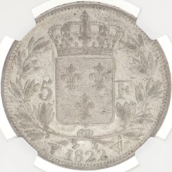 France. Second kingdom. Louis XVIII. 5 Francs. 1822 W. AU 53