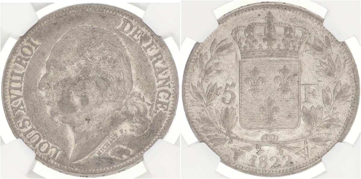 France. Second kingdom. Louis XVIII. 5 Francs. 1822 W. AU 53