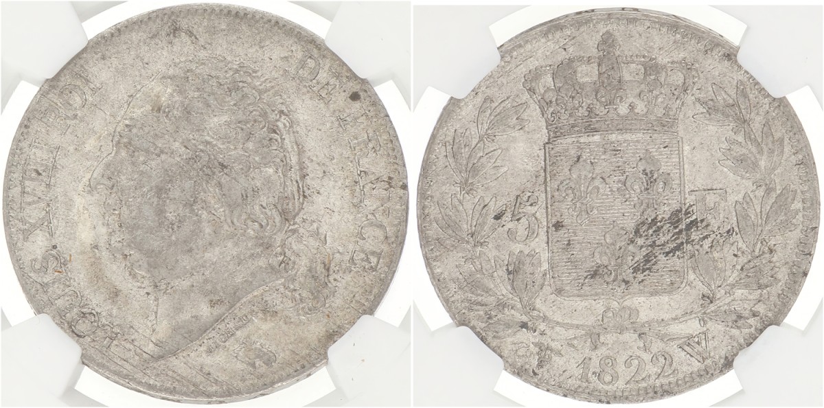 France. Second kingdom. Louis XVIII. 5 Francs. 1822 W. AU 55
