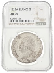 France. Second kingdom. Louis XVIII. 5 Francs. 1823 W. AU 58