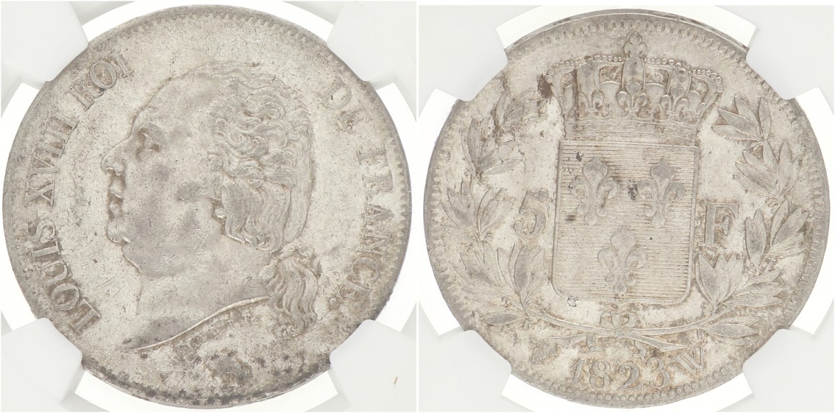 France. Second kingdom. Louis XVIII. 5 Francs. 1823 W. AU 58