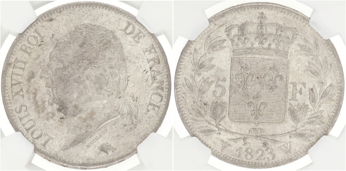 Goudwisselkantoor auction: France. Second kingdom. Louis XVIII. 5 Francs. 1823 W. MS 60