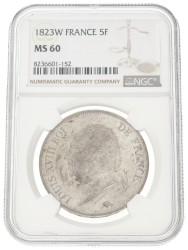 France. Second kingdom. Louis XVIII. 5 Francs. 1823 W. MS 60