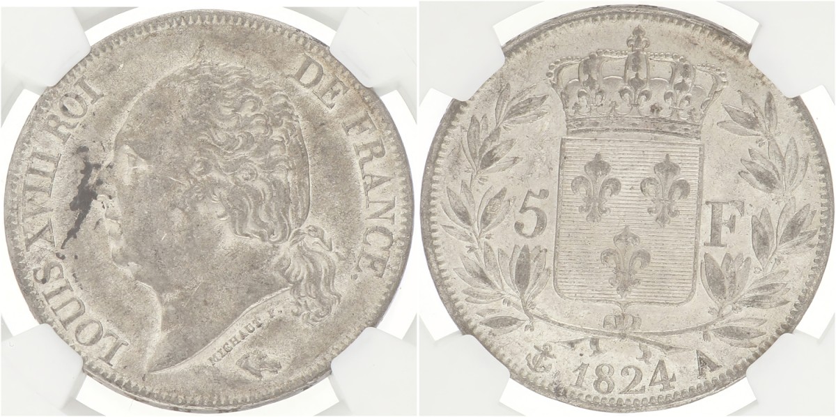 France. Second kingdom. Louis XVIII. 5 Francs. 1824 A. AU 55