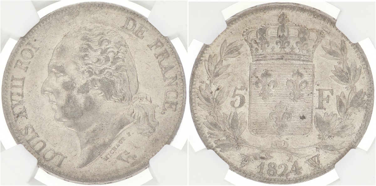 France. Second kingdom. Louis XVIII. 5 Francs. 1824 W. AU 55