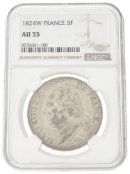France. Second kingdom. Louis XVIII. 5 Francs. 1824 W. AU 55