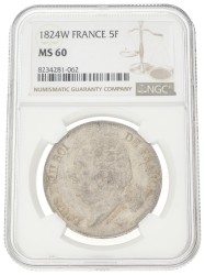 France. Second kingdom. Louis XVIII. 5 Francs. 1824 W. MS 60