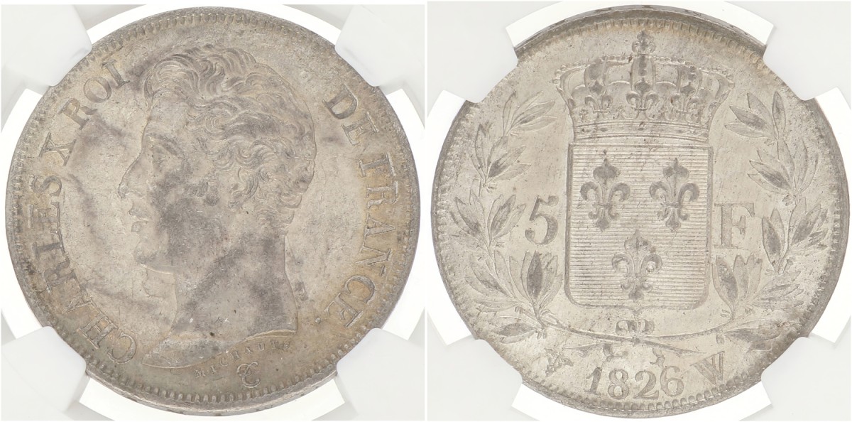 France. Second kingdom. Charles X. 5 Francs. 1826 W. AU 58