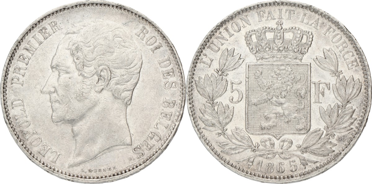 Belgium. Leopold I. 5 Francs. 1865. XF -