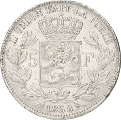 Belgium. Leopold I. 5 Francs. 1858. VF +