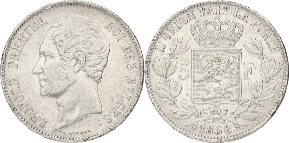 Belgium. Leopold I. 5 Francs. 1858. VF +