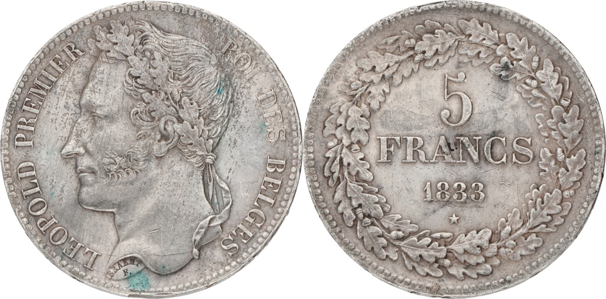 Belgium. Leopold I. 5 Francs. 1833. XF