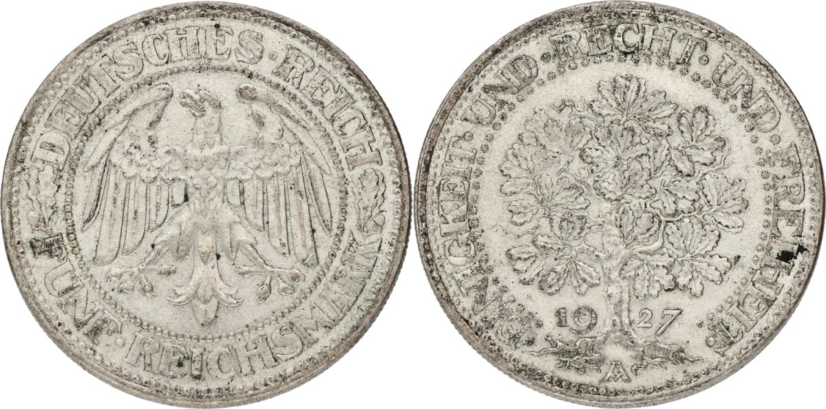 Germany. Weimar republic. 5 Mark. 1927 A. AUnc