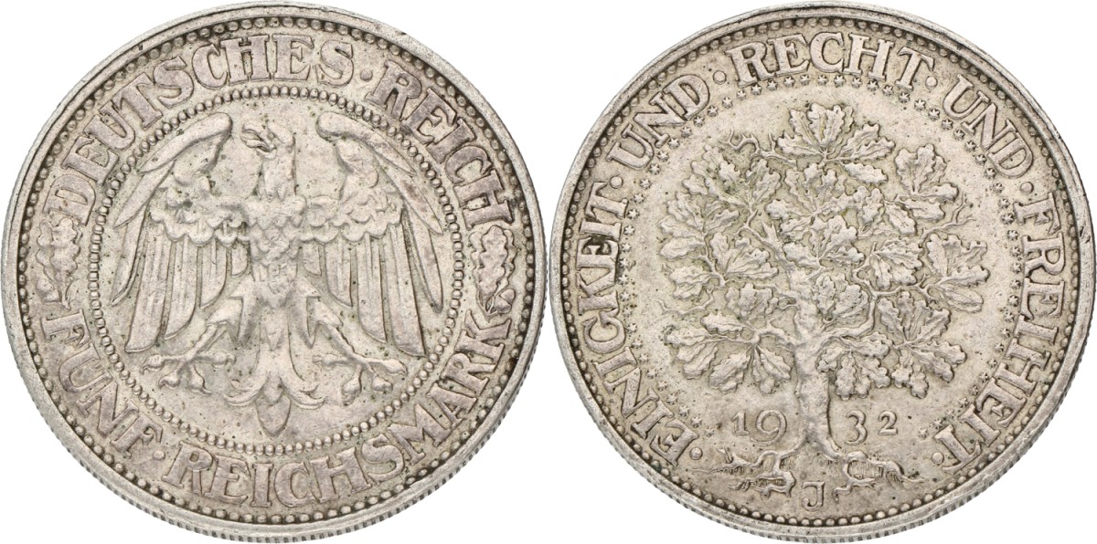 Germany. Weimar republic. 5 Mark. 1932 J. VF +