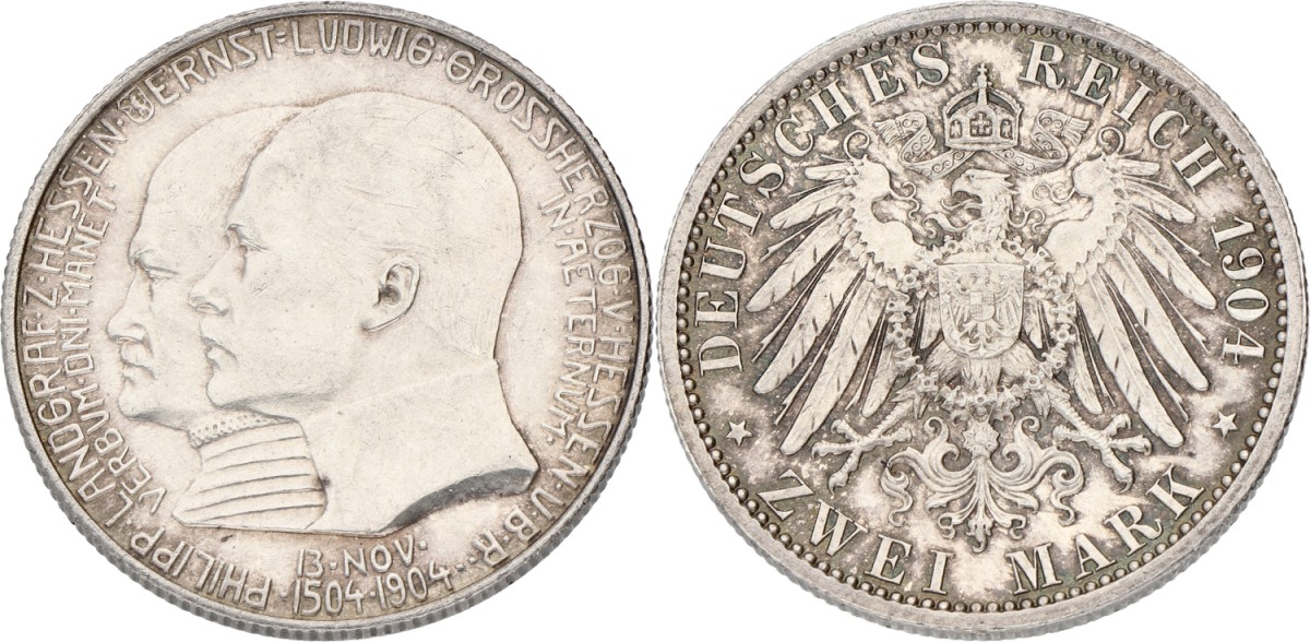 German states. Hesse-Darmstadt. Ernst Lüdwig. 2 Mark - Philipp the Magnanimous. 1904. AUnc