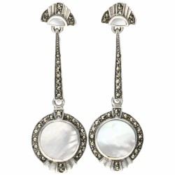 Set van zilveren Art Deco-stijl broche en oorbellen met parelmoer en markasiet - 925/1000.