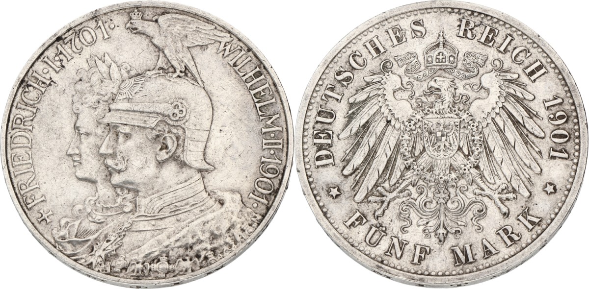 German states. Prussia. Wilhelm II. 5 Mark - 200th anniversary of the kingdom. 1901. VF +