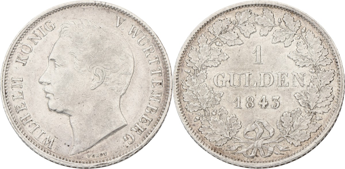 German states. Württemberg. Wilhelm I. 1 Gulden. 1843. VF +