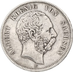 German states. Saxony. Albert. 5 Mark. 1875 E. VF +