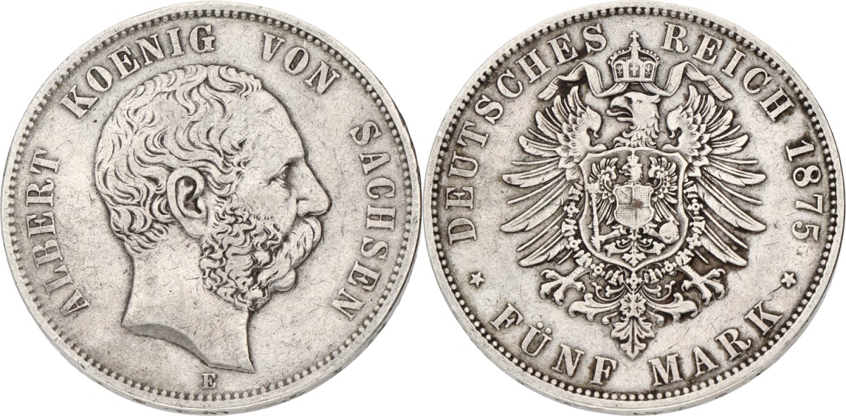 German states. Saxony. Albert. 5 Mark. 1875 E. VF +