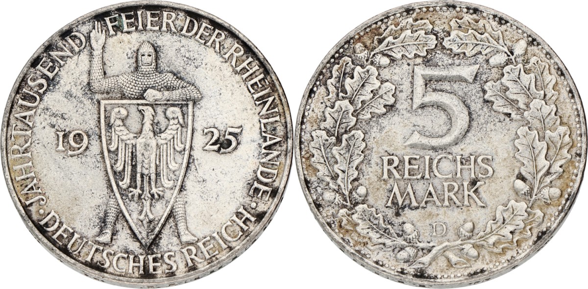 Germany. Weimar republic. 5 Mark - Rhineland. 1925 D. XF -
