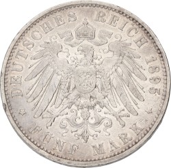 German states. Saxony. Albert. 5 Mark. 1895 E. VF +