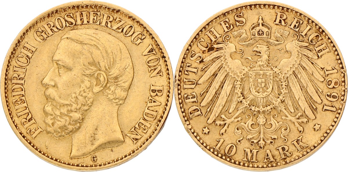 German states. Baden. Friedrich. 10 Mark. 1891 G. VF +