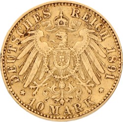 German states. Baden. Friedrich. 10 Mark. 1891 G. VF +