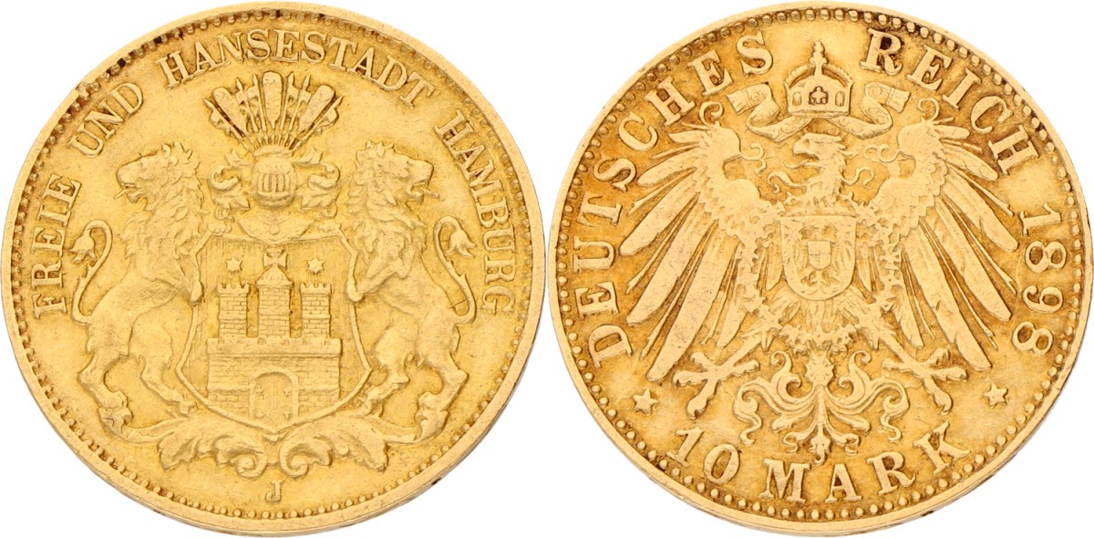 German states. Hamburg. 10 Mark. 1898 J. XF