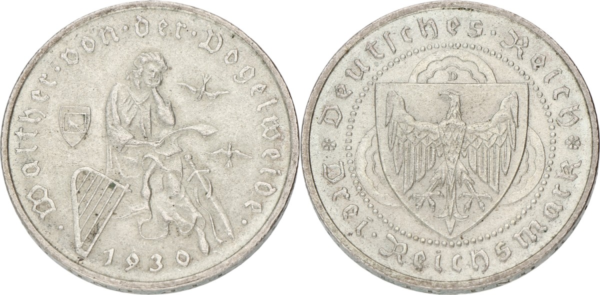 Germany. Weimar republic. 3 Mark - Vogelweide. 1930. XF +