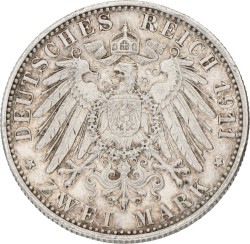 German states. Baden. Friedrich II. 2 Mark. 1911 G. XF