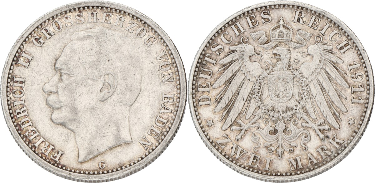 German states. Baden. Friedrich II. 2 Mark. 1911 G. XF