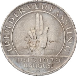 Germany. Weimar republic. 3 Mark - Weimar constitution. 1929 A. XF +