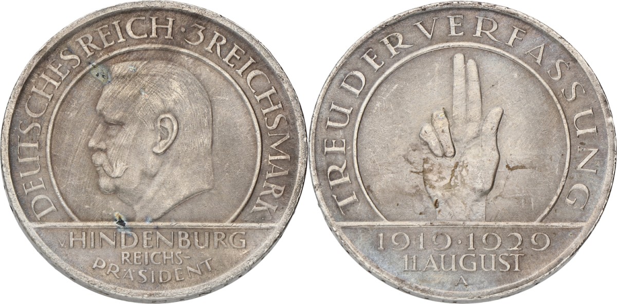 Germany. Weimar republic. 3 Mark - Weimar constitution. 1929 A. XF +