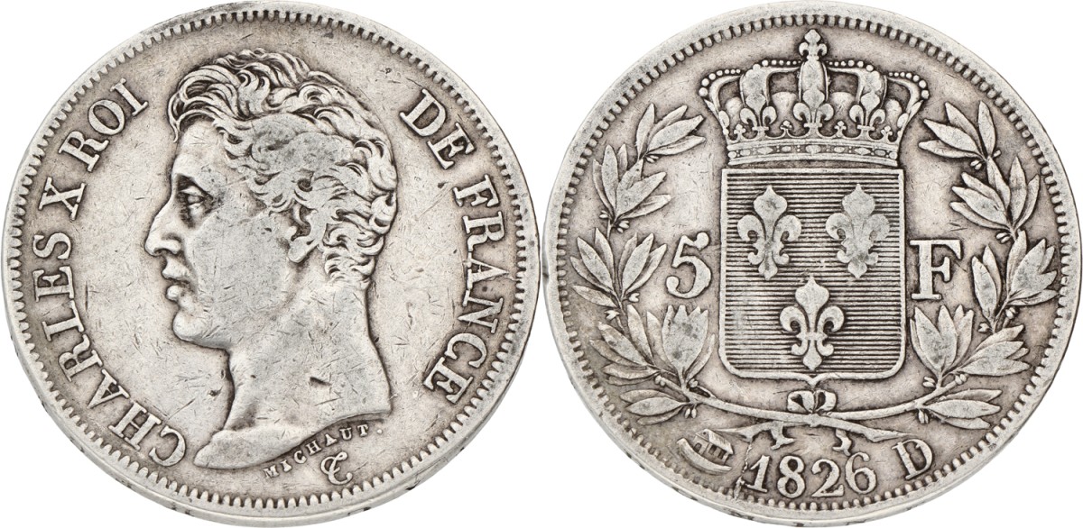 France. Second kingdom. Charles X. 5 Francs. 1826 D. VF +