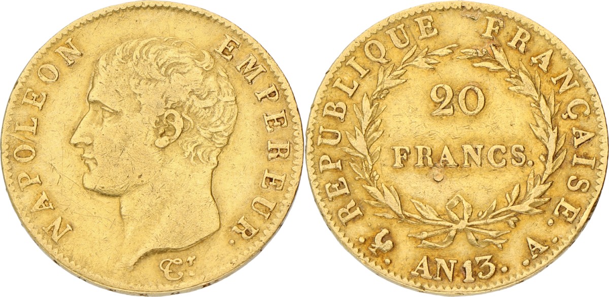 Goudwisselkantoor auction: France. Empire. Napoleon. 20 Francs. An 13 A. VF +