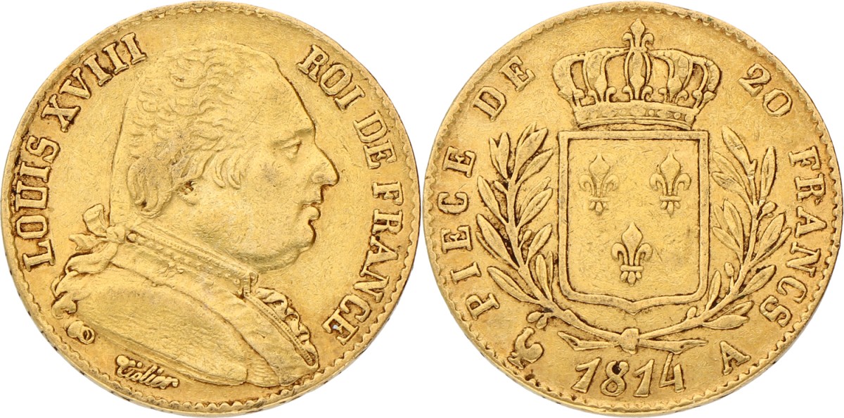 France. Second kingdom. Louis XVIII. 20 Francs. 1814 A. VF +