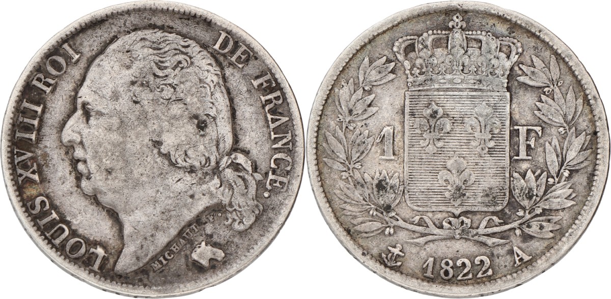 France. Louis XVIII. 1 Franc. 1822 A. VF